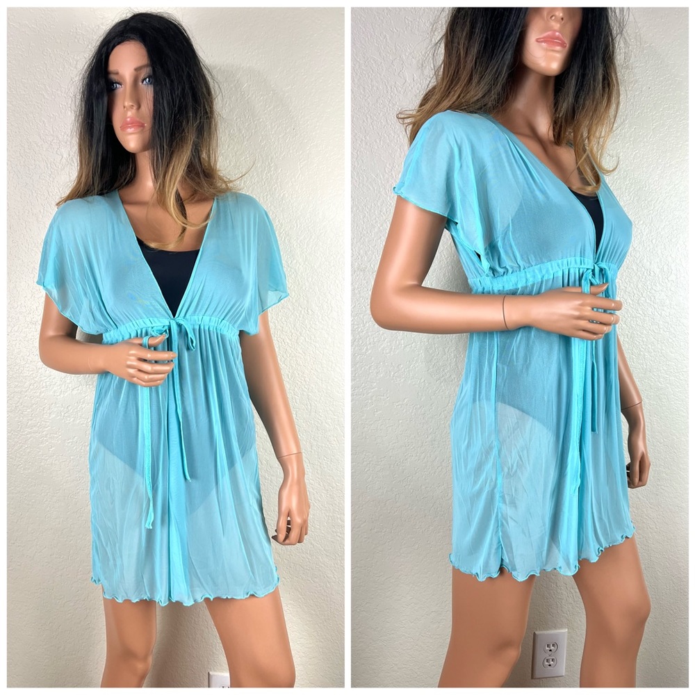 Deep V-neck Bikini Cover Up Aqua Blue Color